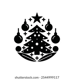 A simple yet elegant black and white illustration of a Christmas tree adorned with ornaments and a star. 