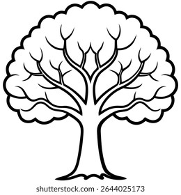 A simple yet elegant black and white vector illustration depicts a cartoon tree, perfect for various design projects. This outline drawing showcases a tree with detailed foliage, branches, and trunk.