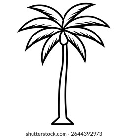 A simple yet elegant black and white outline illustration depicts a single palm tree against a pristine white background.