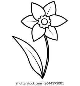 A simple yet elegant black and white outline illustration of a daffodil showcases the beauty of springtime. This detailed vector depicts a single daffodil flower with a stem, leaf.