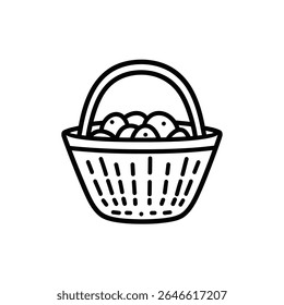 Simple yet elegant black and white illustration depicts a classic basket filled with round, presumably fresh fruits, rendered in clean, bold line art style.