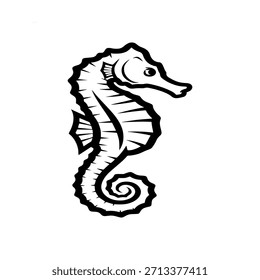 Um desenho simples, mas elegante, preto e branco de um cavalo-marinho em posição enrolada.