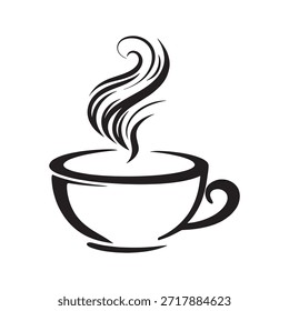 Una ilustración en blanco y negro simple pero elegante de una taza de café. La taza tiene un diseño clásico con un mango en el lado derecho y vapor que se eleva desde la parte superior, lo que indica que el café está caliente y recién preparado. El vapor se representa con líneas onduladas que fluyen, agregando una sensación de movimiento y calor a la Imagen.