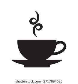 Una ilustración en blanco y negro simple pero elegante de una taza de café. La taza se coloca en un platillo y emite un rizo de vapor desde su parte superior, lo que indica que el café está caliente y recién preparado. El diseño es minimalista, centrándose en los Elementos esenciales de la taza, el platillo y el vapor.