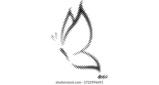 Um simples e elegante esboço preto e branco de uma borboleta, capturando sua forma delicada com linhas minimalistas e um efeito texturizado, pixelado.