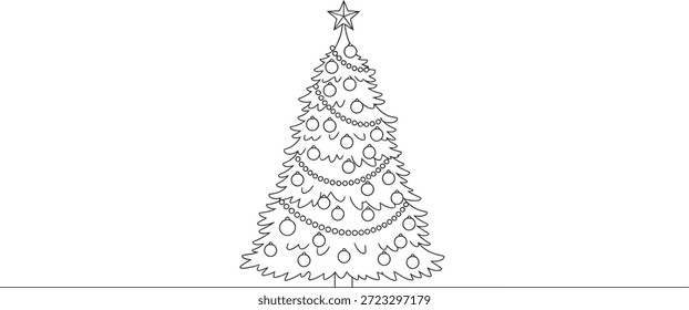 Un simple pero elegante dibujo de línea en blanco y negro de un árbol de Navidad, adornado con adornos y una estrella en la parte superior, que simboliza el espíritu festivo de la temporada navideña.