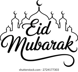 Una ilustración en blanco y negro simple pero elegante de la caligrafía de Eid Mubarak, enmarcada por siluetas de mezquitas y medias lunas.