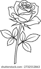 Um simples, mas elegante desenho em preto e branco de uma única flor de rosa com folhas, mostrando a beleza da arte minimalista.