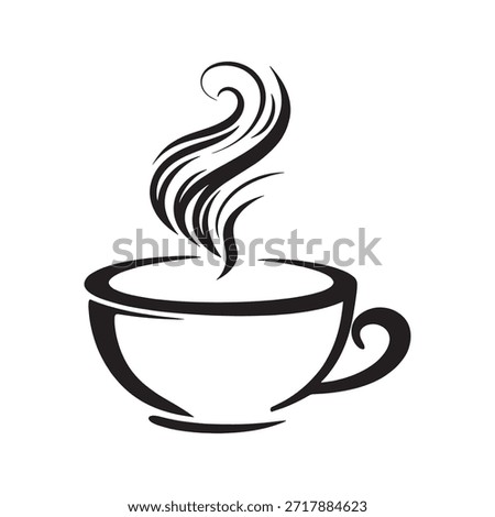a simple yet elegant black and white illustration of a coffee cup. The cup has a classic design with a handle on the right side and steam rising from the top, indicating that the coffee is hot and freshly brewed. The steam is depicted with flowing, wavy lines, adding a sense of movement and warmth to the image.