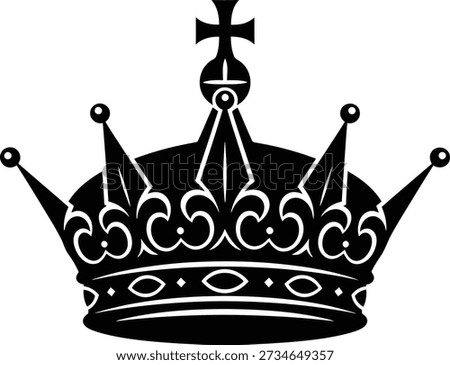 A simple yet elegant black and white vector illustration of a royal crown. The design features pointed spires, ornate details, and a Christian cross at the very top, symbolizing monarchy and power.