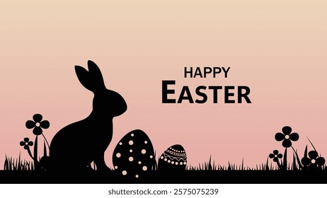 A simple yet elegant Easter scene with a silhouette of a bunny sitting beside decorated Easter eggs, surrounded by flowers and grass, with the words 'Happy Easter' above