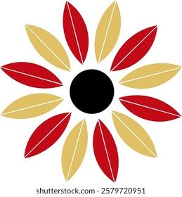 A simple yet elegant floral icon with red and gold petals and a black circular center. Perfect for logo designs, branding, stickers, and decorative elements in digital and print media