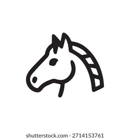 Ein einfaches, aber elegantes, handgezeichnetes, schwarzes Umrisssymbol eines Pferdekopfes mit einer stilisierten Mähne, perfekt für verschiedene digitale und Print-Designprojekte.