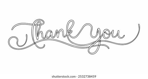 A simple yet elegant handwritten 'Thank You' in a continuous line, perfect for adding a personal touch to your designs. This versatile graphic is ideal for cards, stationery.