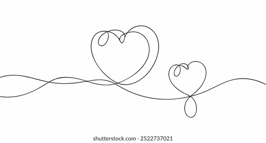 Eine einfache, aber elegante Illustration von zwei miteinander verflochtenen Herzen, die mit einer einzigen durchgehenden Linie gezeichnet sind. Dieses minimalistische Design vermittelt auf zarte und schöne Weise Liebe, Einheit und Verbundenheit.