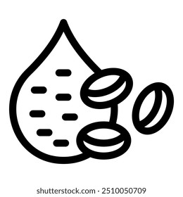 Ilustración de arte lineal simple pero elegante de granos de café cayendo en una gota de agua, que simboliza la fabricación de café