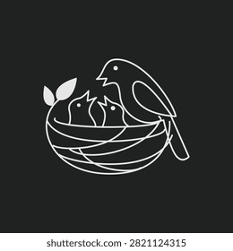 A simple yet elegant line art illustration depicts a loving mother bird diligently feeding two hungry baby birds nestled in a cozy nest, highlighted against a striking black background. This monochrome graphic beautifully symbolizes parental care, family bonding, and the cycle of nature, making it ideal for educational content, environmental campaigns, or minimalist logo designs.