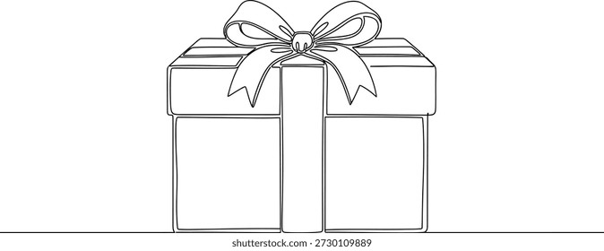 Um desenho de linha simples, mas elegante de uma caixa de presente envolvida em uma fita e arco, simbolizando celebração, presentear e ocasiões especiais.