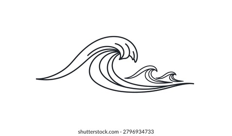 Simple yet elegant line drawing of a rolling ocean wave with three distinct peaks, ideal for minimalist branding or stationary.