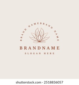 A simple yet elegant logo design featuring a stylized  flower logo surrounded by a circular frame. The minimalist line art style and neutral color palette create a serene and calming aesthetic