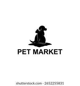 Um logotipo simples, mas elegante, com as silhuetas de um cão e um gato, representando um mercado de animais de estimação ou negócio veterinário. O design transmite uma sensação de cuidado, companheirismo e confiança.
