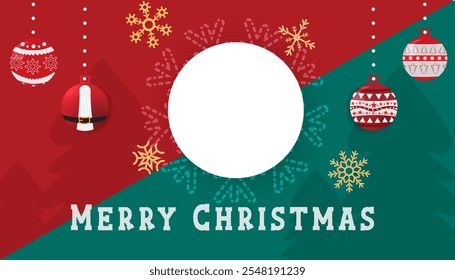 A simple yet elegant Merry Christmas design featuring a clean white circle surrounded by festive red and green elements. Perfect for adding a personal touch.
