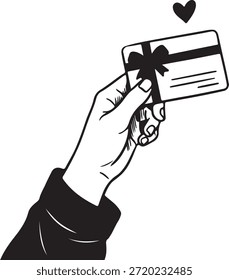 Simples, mas elegante ilustração de uma mão apresentando um cartão de presente adornado com um arco, simbolizando generosidade e um gesto amoroso.