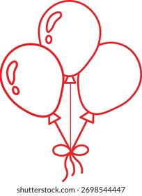 A simple yet elegant red outline illustration of three balloons, gracefully tied together with a delicate bow. This design is perfect for adding a festive touch to any celebration, isolated on a clean