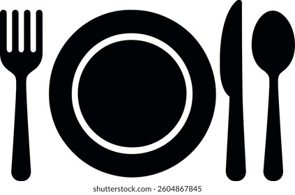 A simple yet elegant representation of a plate with a fork, knife, and spoon arranged around it, perfect for conveying dining or food-related concepts in various settings.