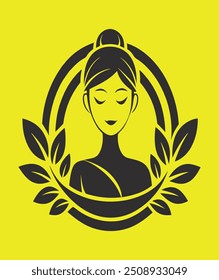 A simple yet elegant vector graphic featuring a black silhouette of a woman's face surrounded by a laurel wreath within a double circle. Perfect for beauty, spa, and wellness branding
