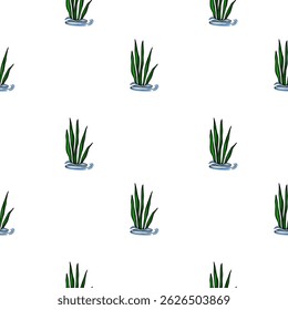 Um padrão simples, mas elegante, sem emenda vetorial, apresentando plantas aquáticas verdes estilizadas que emergem da água azul calma contra um fundo branco limpo.