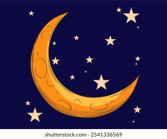 A simple yet enchanting illustration of a crescent moon and stars against a dark night sky