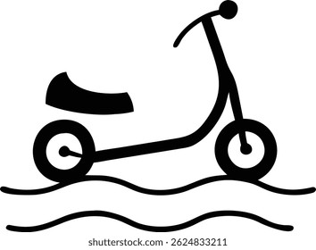 Simple yet engaging black icon showcases a contemporary scooter playfully riding over stylized wave lines, capturing motion and modernity in minimalistic form.