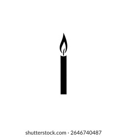 A simple yet evocative black silhouette of a lit candle with a flickering flame, set against a bright white background. Perfect as an icon or symbolic graphic element.