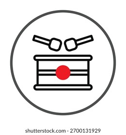 Simple yet evocative illustration displaying a drum set with sticks, encapsulated within a circle. The icon conveys music, rhythm, and the joy of creative sound production, ideal for conveying