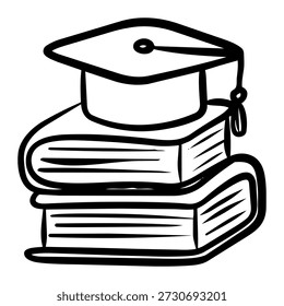 simple yet expressive black and white line art illustration of a stack of books with a graduation mortarboard on top. Ideal for educational content, graduation announcements, school projects, and academic achievement themes.