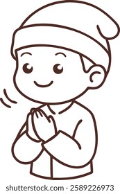 A simple yet expressive black-and-white drawing of a Muslim boy folding his hands in prayer, showcasing devotion and tranquility during Ramadan. The minimalistic art style adds elegance.