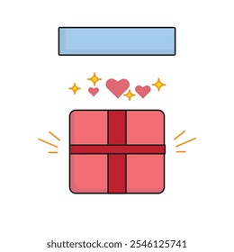 A simple yet festive illustration of a gift box with a big red ribbon and sparkling stars. The box is open, revealing a blank space perfect for adding your own text or image.
