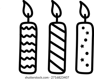Uma ilustração simples, mas festiva de três velas com padrões únicos, perfeito para uso em aniversários ou projetos temáticos de celebração e decorações