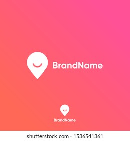 A simple yet fun and modern Happy Visit logo design displaying a pin location icon with the smile. Paired with a super modern color 