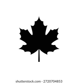 Uma silhueta simples, mas icônica folha de ácer preto definida contra um fundo branco limpo, simbolizando o Canadá e seu orgulho nacional.