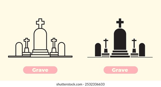 Icono de tumba simple pero impactante, perfecto para memoriales, cementerios y diseños con temática de Halloween. Esta Ilustración vectorial limpia y minimalista presenta una silueta clásica de lápida.