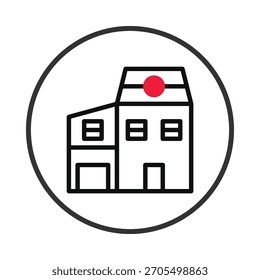 Ícone simples mas impactante de um edifício apresentado dentro de um quadro circular limpo. O contorno monocromático, acentuado por um ponto vermelho, cria uma harmonia visual, ideal para projetos arquitetônicos. A