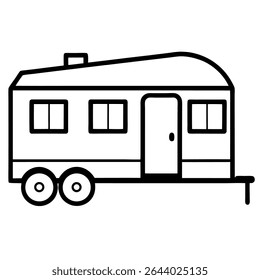 A simple yet modern black and white vector illustration depicts a recreational vehicle (RV) camping trailer, perfect for outdoor adventures.