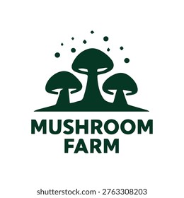 A simple yet modern dark green logo for a mushroom farm. Features three stylized fungi with floating spores and bold text on a white background.