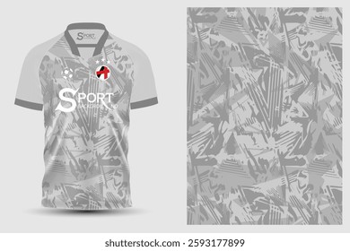 A simple yet modern design polo shirt. The shirt is based on gray and features a graphic pattern consisting of lines and shapes that create movement. It looks stylish and energetic.