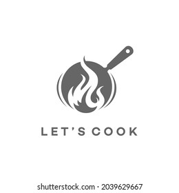 A simple yet playful sophisticated logo design displaying a pan with a fire where cooking.