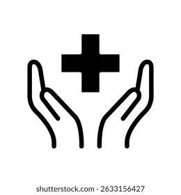 A simple yet powerful icon representing healthcare and protection. Two hands gently cradling a medical cross, symbolizing care and support.
