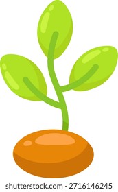 Eine einfache, aber kraftvolle Illustration eines grünen Sprosses mit drei Blättern, der aus einem braunen Samen wächst und den Beginn des Lebens und der natürlichen Entwicklung darstellt.