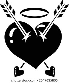 Uma ilustração simples, mas poderosa de um coração perfurado por duas setas, adornado com um halo, simbolizando amor eterno Ícone vetor estilo sólido.